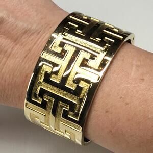 Spartina 449 Gold Tone Greek Key Clamper Hinged Wide Chunky Statement Bracelet